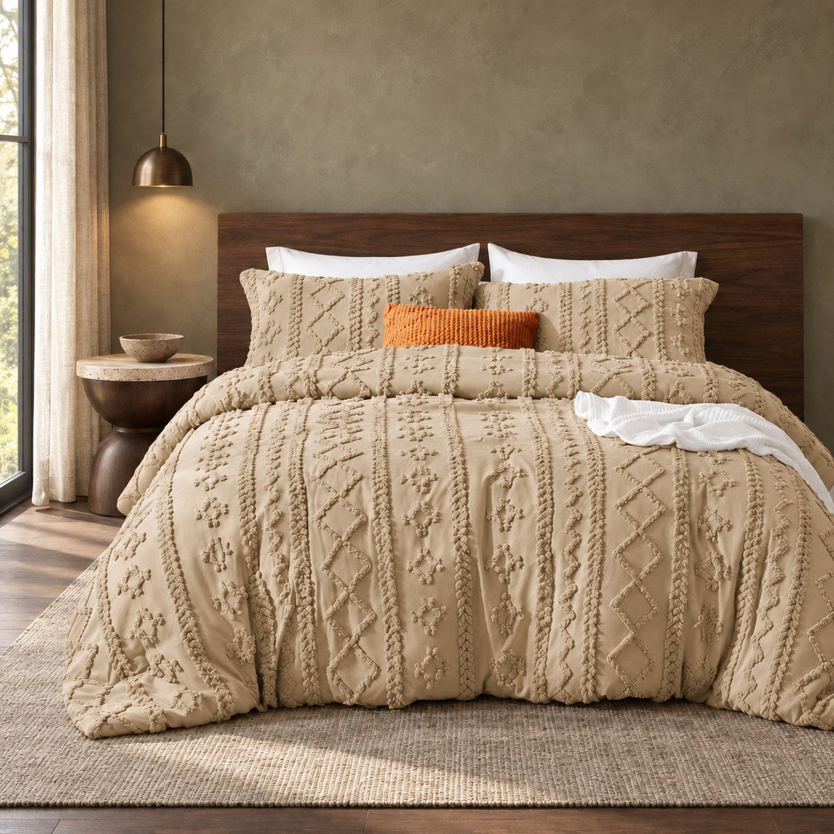 Khaki tufted comforter set on a bed