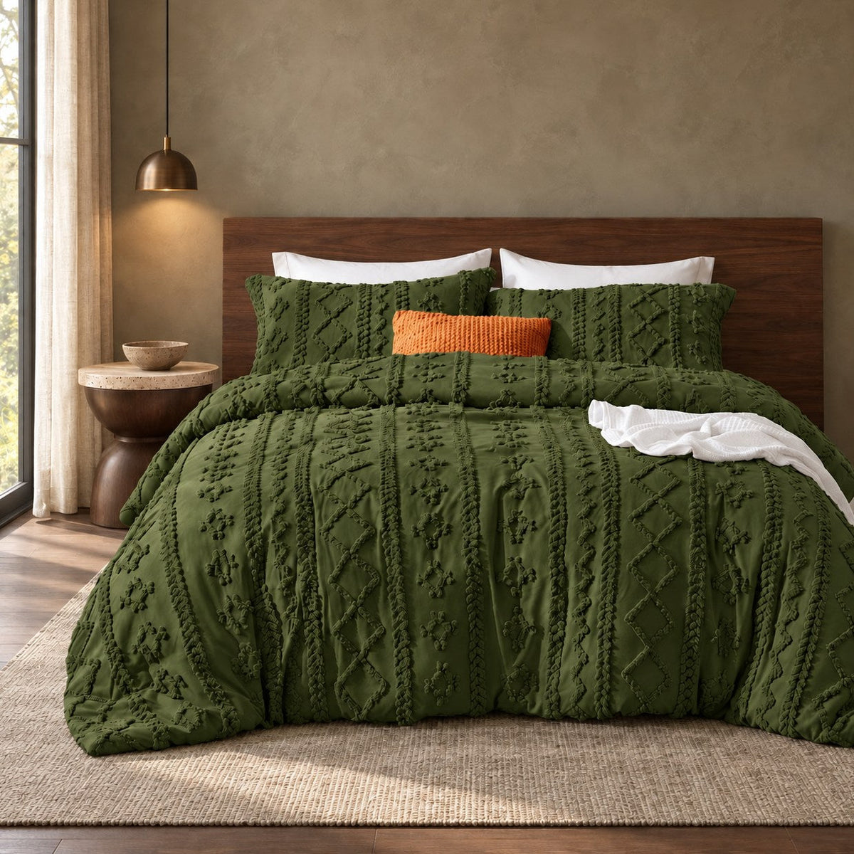 Moody Olive tufted comforter set on a bed