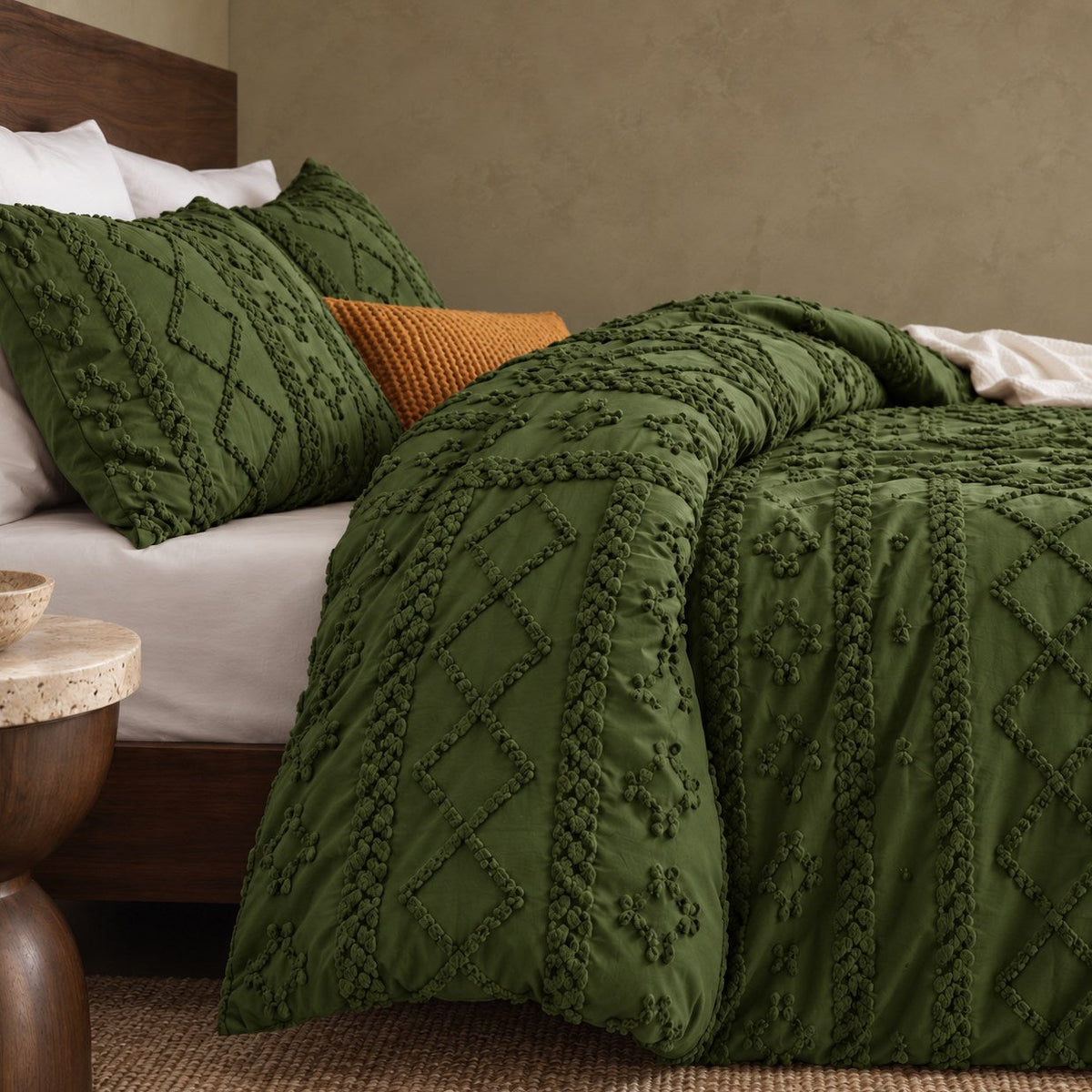 Tufted comforter detail, Moody Olive