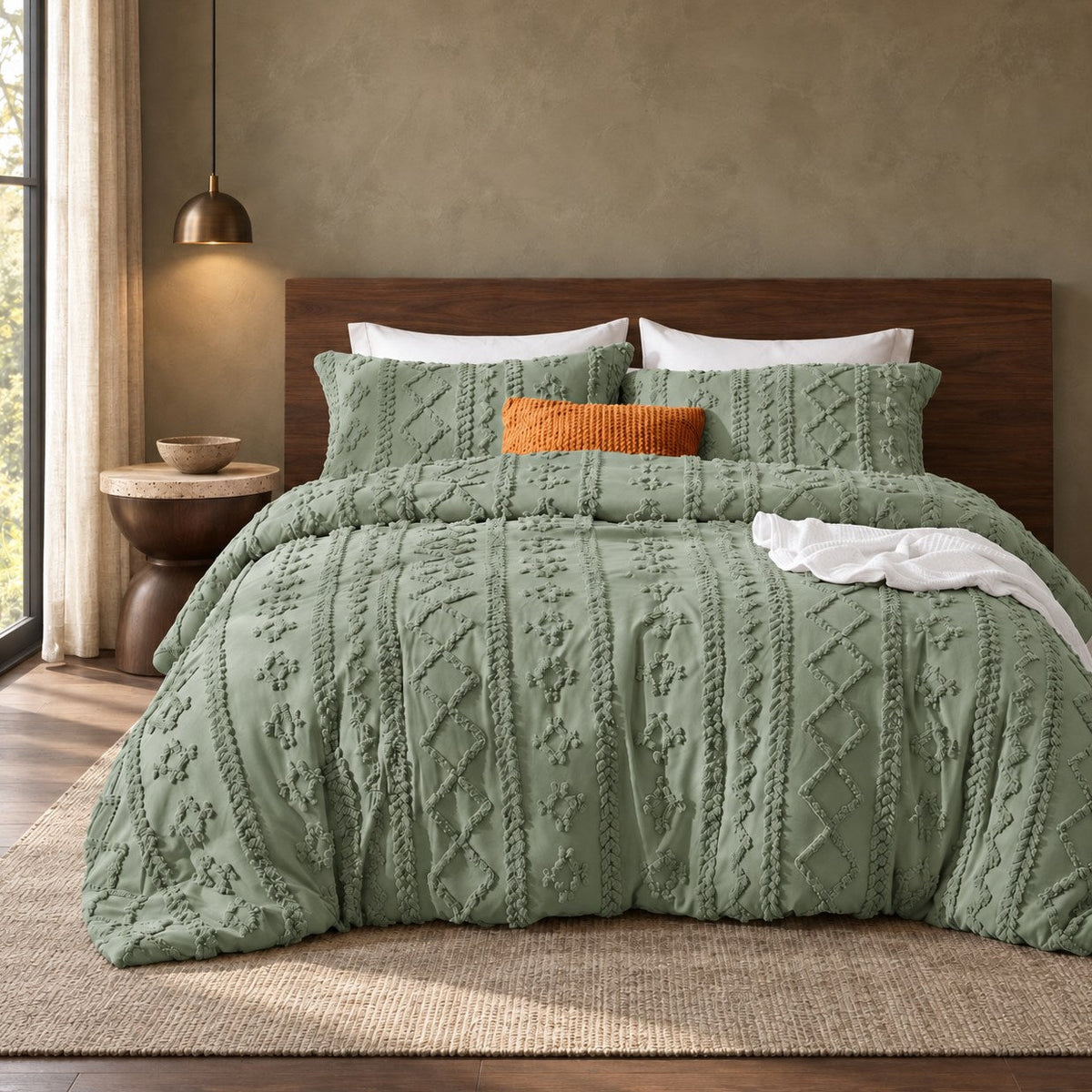 Sage Green tufted comforter set on a bed